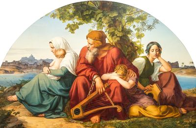 Eduard Bendemanns Gemälde „Die trauernden Juden im Exil“ — eine Gruppe mit Leier am Wasser vor der Stadtmauer