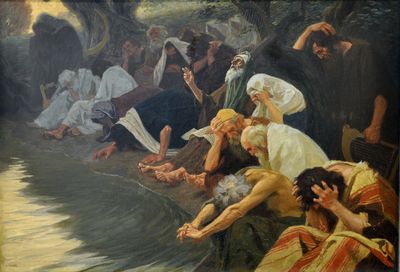 Gebhard Fugels Gemälde „An den Wassern Babylons“ — Verbannte trauern am Flussufer, die Harfen hängen in den Bäumen